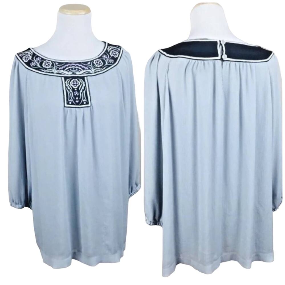 BOB MACKIE Gray Blue Flowy Art Deco Embroidered Collar Tunic Blouse Top LARGE